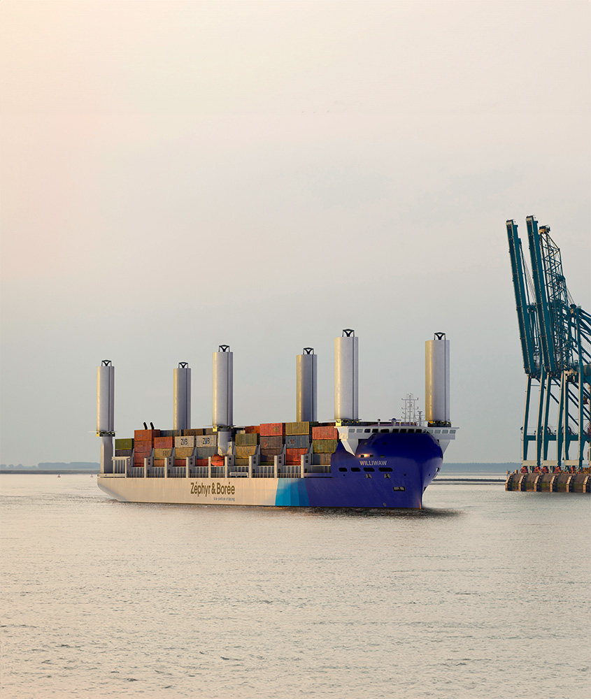 Williwaw container ship, equipped with folded rigid wings, arrives in port